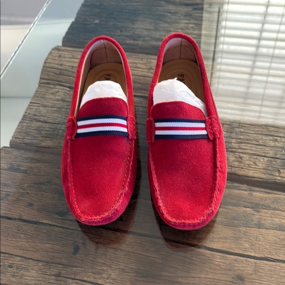 Men’s Red Suede Driving Loafers with Striped Detail - Picture 1 of 3